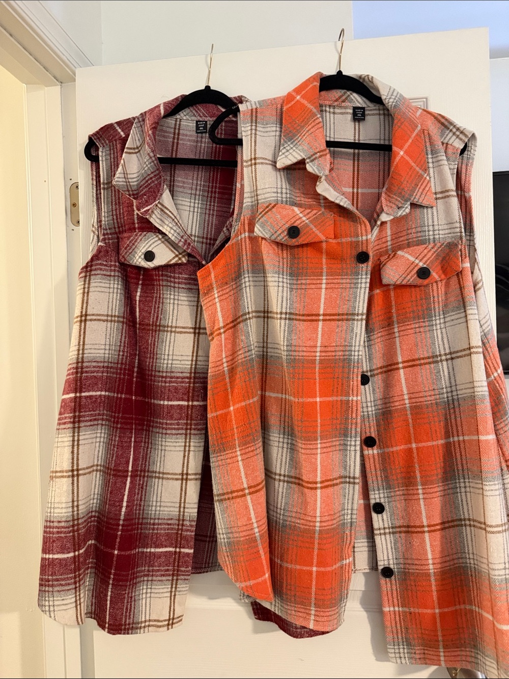 SHEIN Plaid Sleeveless Button-Up Shackets in Orange and Burgundy